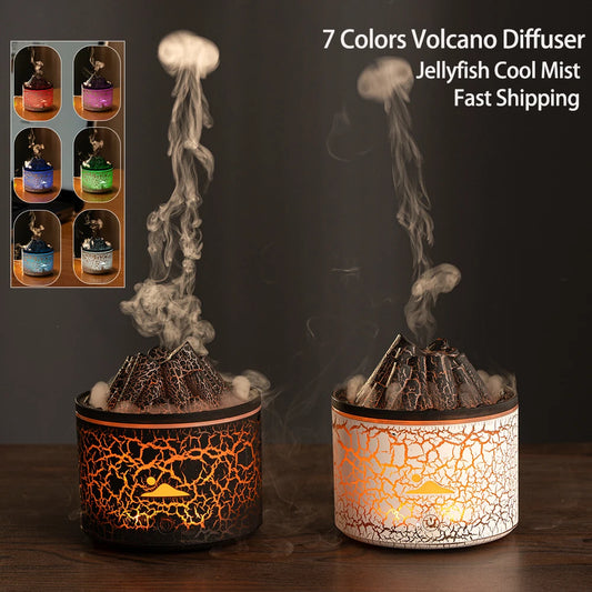 Volcanic Humidifier Flame Aroma Diffuser Jellyfish Smoke Ring for Home Air Humidifier USB 7 Colors Ambient Lights 180Ml Mist