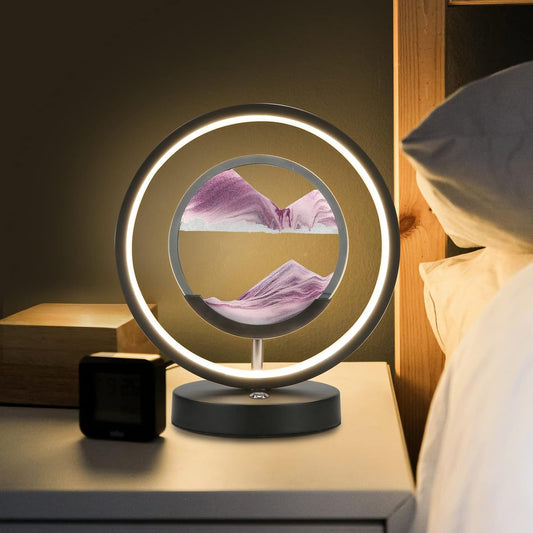 Moving Sand Art Picture 3D Glass Deep Sea Sand round Framed Art Sandscape, Touch Control Bedside Lamp with USB Port, Table Modern Lamp for Bedroom Dimmable Nightstand Desk Lamps